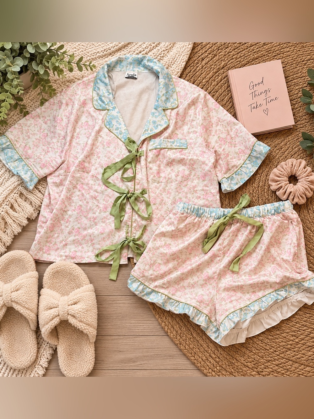 Arula Pink Floral Pajama Set Green Ribbon Tie Ruffle Shorts Cottagecore